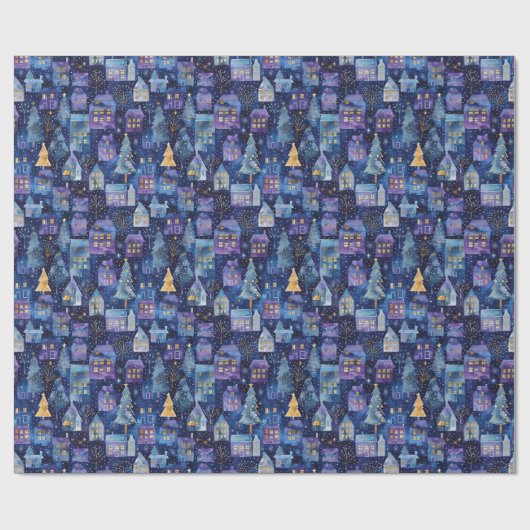 Lila Weihnachtsdorf mit einem Weihnachtsbaum Geschenkpapier (Flach)