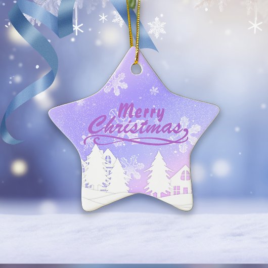 Lila Weihnachtsfest im Weißen Schnee Keramik Ornament