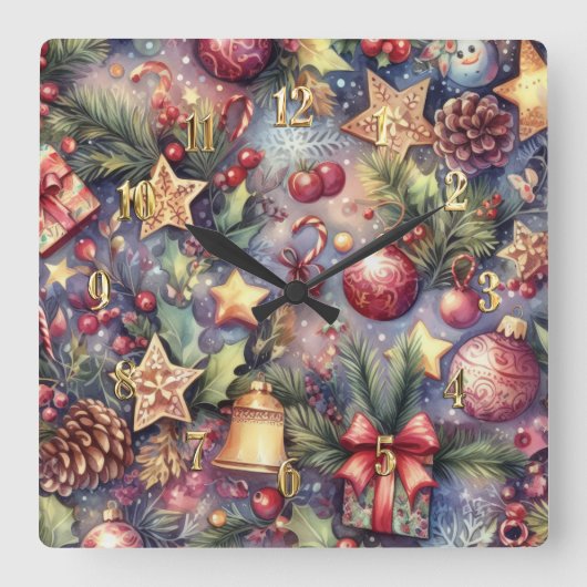 Lila Weihnachtsmotive Quadratische Wanduhr (Vorderseite)