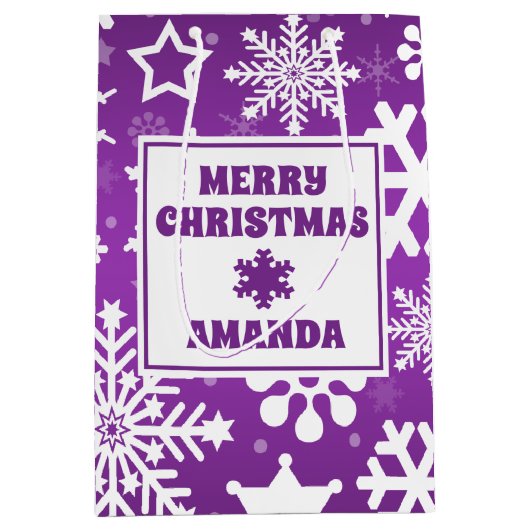 Lila Weihnachtsschneeflocken Personalisiert Kinder Mittlere Geschenktüte (Vorderseite)