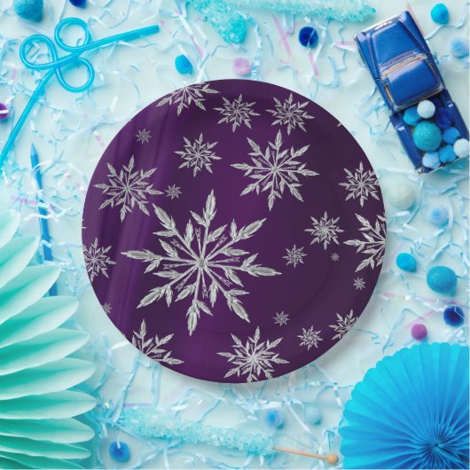 Lila Weihnachtssterne mit weißem Eiskristall Pappteller (Party)