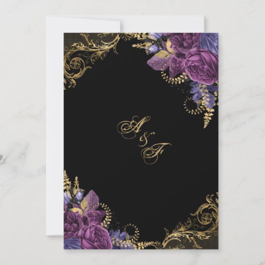 Lila Wein Blumenantike Verzierte Goldhochzeit Einladung (Rückseite)