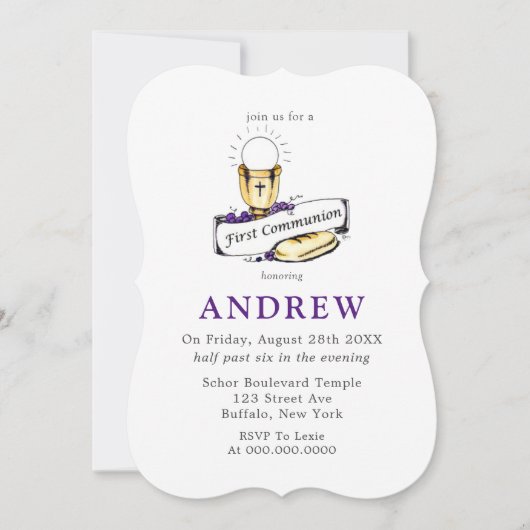 Lila Wein und Brot Erste Kommune Einladung (Vorderseite)