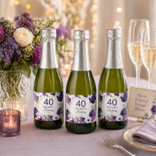 Lila Weiß Blumen Glitter 40. Geburtstag Name Schaumweinetikett