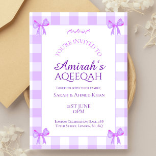 Lila Weiß Gingham Baby Mädchen Muslim Aqeeqah Aqiq Einladung
