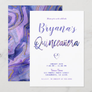 Lila Weiß Gold Marmor Chic Glam 15 Quinceañera Einladung