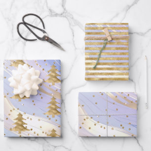 Lila Weiß Goldener Weihnachtsbaum Glanz  Geschenkpapier Set