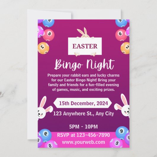 Lila-weiß Moderne Ostern Bingo Nacht Einladung (Vorderseite)