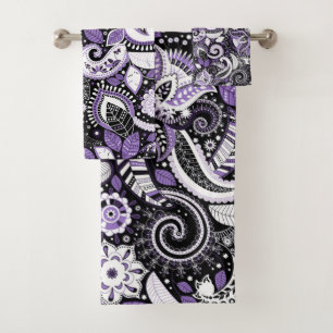 Lila Weiß Schwarz Paisley-Druckmuster Badhandtuch Set