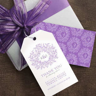 Lila-weiße Blatt-Monogramm-Hochzeitsgeschenk Geschenkanhänger