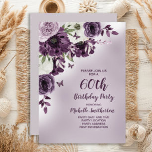 Lila weiße Blume Schmetterlinge 60. Geburtstag Einladung