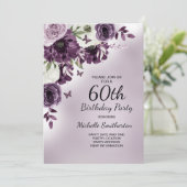 Lila weiße Blume Schmetterlinge 60. Geburtstag Einladung (Stehend Vorderseite)