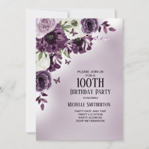 Lila Weiße Blumen Schmetterlinge 100. Geburtstag Einladung
