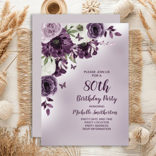 Lila Weiße Blumen Schmetterlinge 80. Geburtstag Einladung