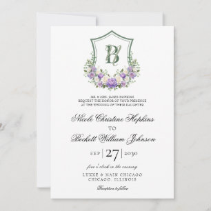 Lila Weiße Blumenförmiges Wappen Hochzeit Einladung