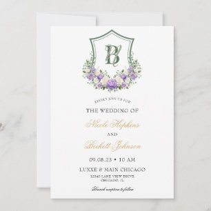 Lila Weiße Blumenförmiges Wappen Hochzeit Einladung