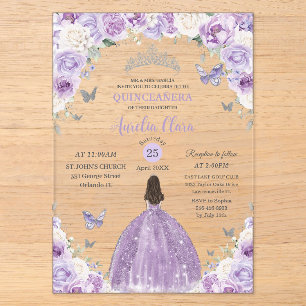Lila weiße Blumenprinzessin Quinceañera XV 16 Acryleinladungen