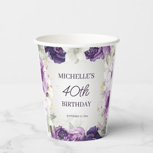 Lila Weiße Blüte 40. Geburtstag Pappbecher (Rückseite)