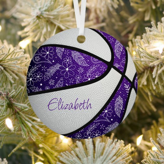 lila weiße Doodle-Blume federn Basketball Ornament Aus Metall (InSitu)