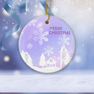 Lila Weiße Durchsichtige Schneeflocken Schneehaus Keramik Ornament