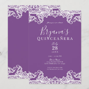 Lila-weiße elegante Quinceañera-Party mit Spitzenv Einladung