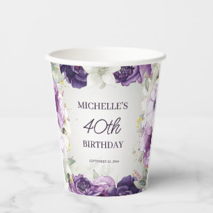 Lila Weiße Florale 40. Geburtstag  Pappbecher