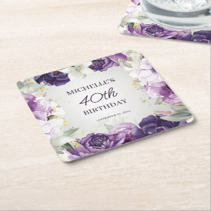 Lila Weiße Florale 40. Geburtstag  Rechteckiger Pappuntersetzer