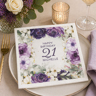 Lila Weiße Florale Alles Gute zum Geburtstag Name Serviette