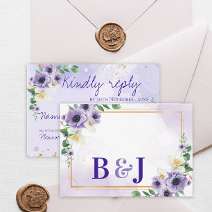 Lila Weiße Florale Goldene Rahmen Hochzeitsantwort RSVP Karte