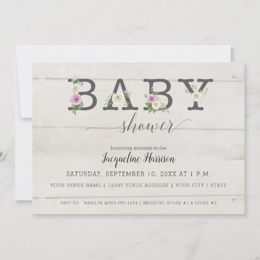 Lila weiße Florale in Holz | Girl Baby Shower Einladung (Vorderseite)