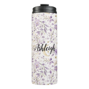 Lila Weiße Monde & Sterne Floral Thermosbecher