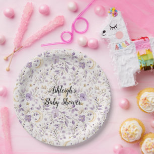 Lila Weiße Monde & Sterne Florale Babyparty Pappteller