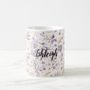 Lila Weiße Monde und Sterne Floral Kaffeetasse