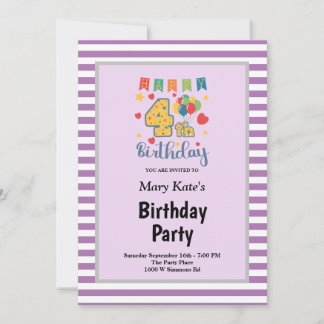 Lila/weiße Streifen Gerahmt 4. Geburtstag Party Einladung