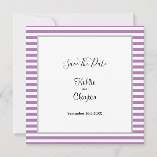 Lila/weiße Streifen Gerahmte Hochzeit speichern da Save The Date (Vorderseite)