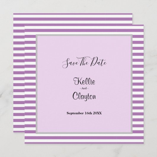 Lila/weiße Streifen Gerahmte Hochzeit speichern da Save The Date (Vorne/Hinten)