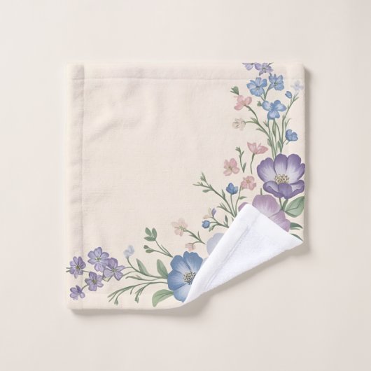 Lila, weiße und blaue Blumenschrift Badhandtuch Set (Waschlappen)