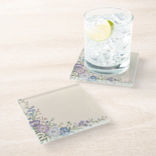 Lila, weiße und blaue Blumenschrift Glasuntersetzer