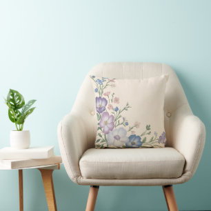 Lila, weiße und blaue Blumenschrift Kissen