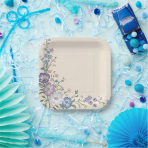 Lila, weiße und blaue Blumenschrift Pappteller