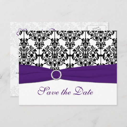Lila, weiße und schwarze Save the Date Postkarte (Vorne/Hinten)