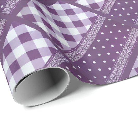 Lila weißer Karrer Polka Dock Damaskus Kunst Geschenkpapier (Rolleneckpunkt)