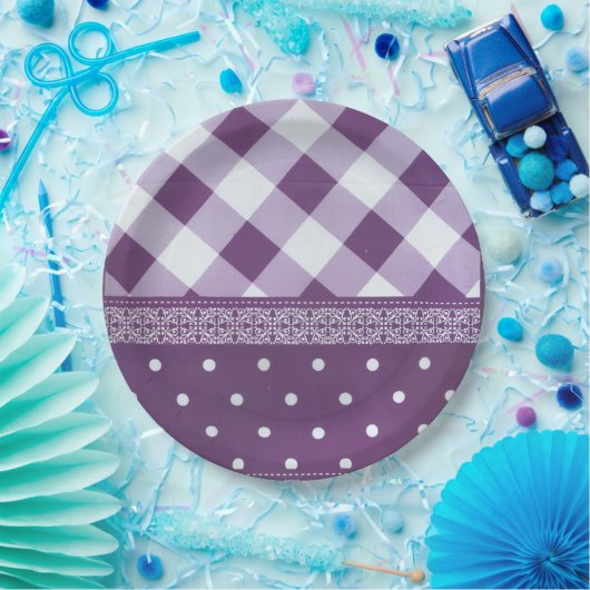Lila weißer Karrer Polka Dock Damaskus Kunst Pappteller (Party)