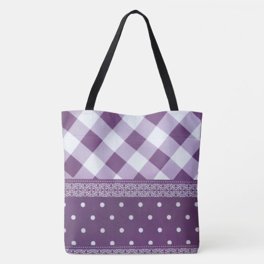 Lila weißer Karrer Polka Dock Damaskus Kunst Tasche (Rückseite)