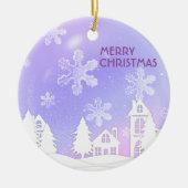 Lila weißes, lichtdurchlässiges Schneehaus Keramik Ornament (Vorne)