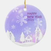 Lila weißes, lichtdurchlässiges Schneehaus Keramik Ornament (Hinten)