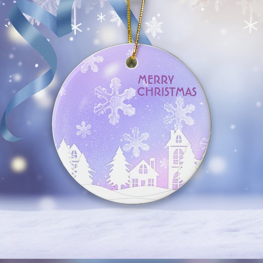 Lila weißes, lichtdurchlässiges Schneehaus Keramik Ornament