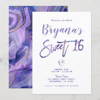 Lila weißes Marmor Chic Glam Sweet 16 Party Einladung