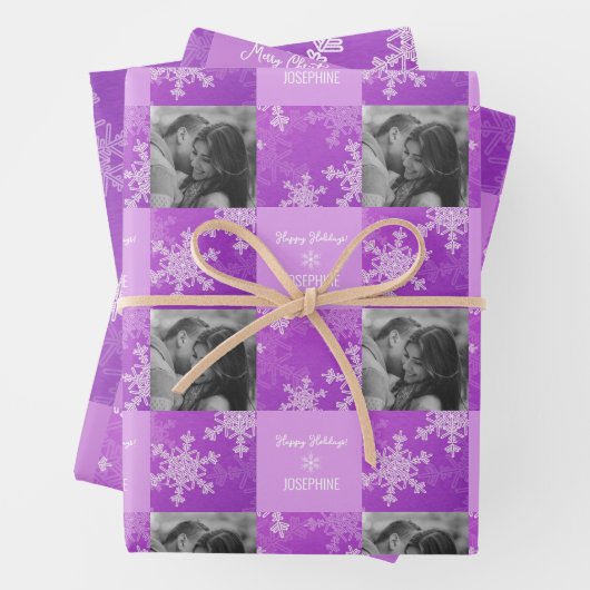 Lila Weißes Schneefake Minimalistisches Foto Weihn Geschenkpapier Set (Beispiel)