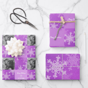 Lila Weißes Schneefake Minimalistisches Foto Weihn Geschenkpapier Set